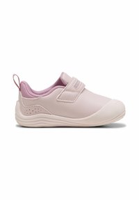 Light pink athletic shoes made of synthetic material, featuring a textured upper, elastic strap, and a padded collar for comfort.