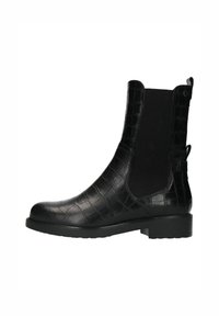 Stivaletti neri con esterno in pelle di coccodrillo texture e pannelli laterali elastici. Suola in robusto gomma nera con un leggero tacco.