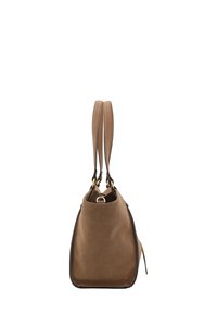 Brown suede handbag with two shoulder straps, gold hardware accents, and a structured shape. Soft texture and contrasting edges.