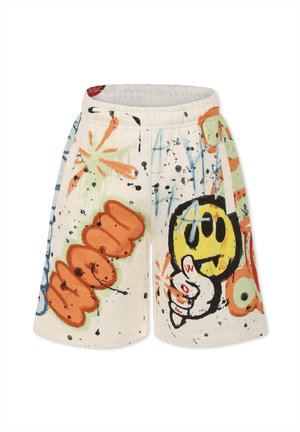 Pantaloni corti con stampa grafica in crema, caratterizzati da disegni in stile cartoon, tra cui una faccina sorridente gialla, macchie colorate e motivi testuali audaci. Vita elastica.