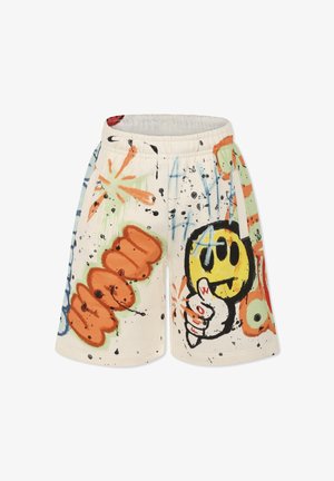 Pantaloni corti con stampa grafica in crema, caratterizzati da disegni in stile cartoon, tra cui una faccina sorridente gialla, macchie colorate e motivi testuali audaci. Vita elastica.