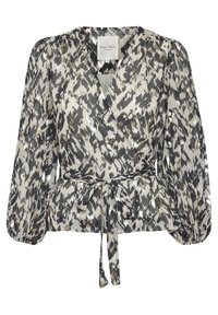 Wikkelblouse met een monochroom abstract patroon in grijstinten, zwart en metallic accenten. Gemaakt van lichte, gestructureerde stof.