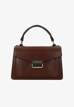 Brązowa torebka z ekoskóry o strukturalnym designie, z górnym uchwytem i zapięciem z złotym akcentem w kształcie prostokąta w czarnym kolorze.