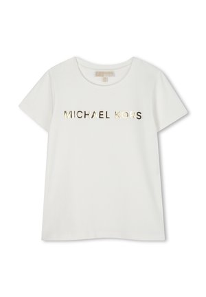 Hvit bomull T-skjorte med korte ermer, med et gullfarget "MICHAEL KORS" logo på forsiden. Rund hals og avslappet passform.