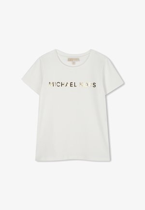 Bela bombažna majica s kratkimi rokavi, ki ima na sprednji strani zlat folijski napis "MICHAEL KORS". Ima okroglo ovratnik in sproščen kroj.