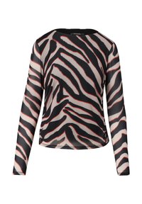Langärmliges Oberteil aus einem transparenten, leichten Stoff mit einem schwarz-weißen Zebra-Streifenmuster, das durch rote Linien akzentuiert wird.