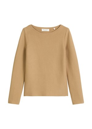 Beige lange mouwen breiende top met een ronde halslijn en een rechte zoom. Zachte textuur, minimalistisch ontwerp en geen zichtbare patronen of versieringen.
