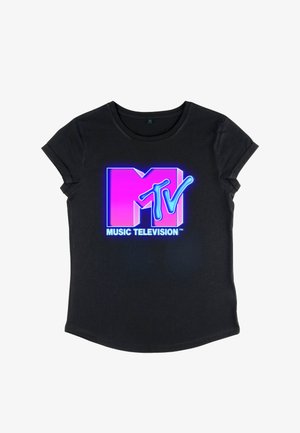 Zwart T-shirt met korte mouwen met een groot neonroze en blauw MTV-logo en de tekst "Music Television" daaronder centraal op de voorkant.