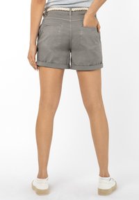 Gray denim shorts with rolled hems, two back pockets, and a braided belt. Smooth texture and casual fit.