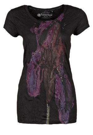 Musta naisten lyhythihainen t-paita, jossa on suuri violetti, viininpunainen ja musta abstrakti kukkakuosi sekä pieniä hopeisia koristeita edessä.