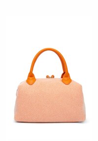 Borsa a tracolla in tessuto a righe arancione e crema, con manici e dettagli in morbida pelle arancione, dalla forma tondeggiante e chiusura a zip.