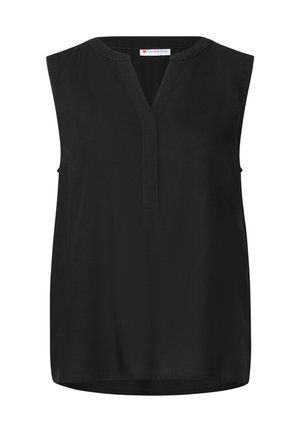 Top negro sin mangas con escote en V, textura suave y corte recto. Diseño sencillo sin patrones ni adornos.