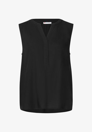 Top negro sin mangas con escote en V, textura suave y corte recto. Diseño sencillo sin patrones ni adornos.