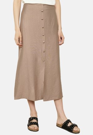 Brown, button-down, midi skirt made of lightweight fabric with a slightly crinkled texture, featuring a front slit and side pockets.
