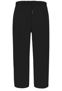 Schwarze, cropped Hosen mit elastischem Bund und Reißverschlusstaschen. Glatte Textur, lockere Passform und gerades Bein-Design.