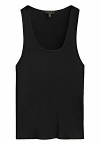 Sort ribbet tanktop med en bred rund hals og en lige kant. Lavet af et struktureret stof, uden yderligere accenter eller mønstre.