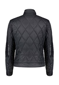 Mustapintainen tikattu takki, jossa on korkea kaulus, timanttimaiset kuvioinnit ja ribbireunukset hihoissa. Pehmeä pinta, kevyt kangas.