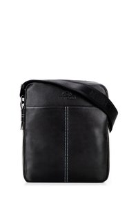 Borsa a tracolla in pelle nera con cuciture verticali azzurro chiaro e ampia tracolla nera regolabile.