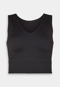 Black ribbed crop top with a V-neckline and a fitted design. Material is stretchy, providing a snug fit and smooth texture.
