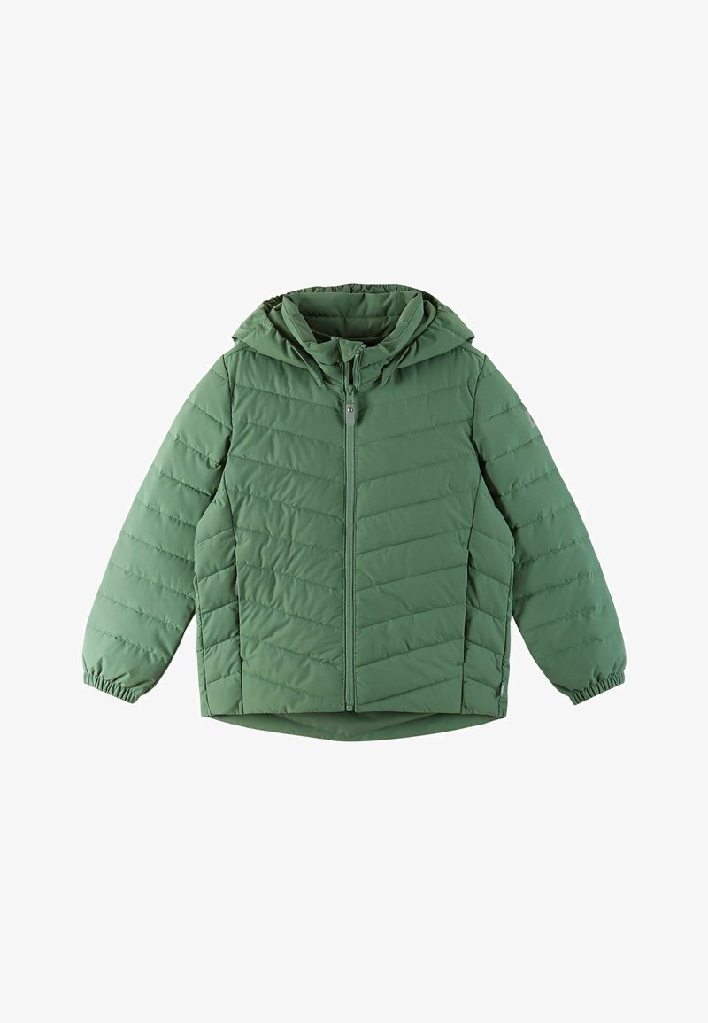 Zielona kurtka puchowa z kapturem, z pikowanym wzorem i elastycznymi mankietami. Zamek błyskawiczny z przodu, wykonana z gładkiego materiału.