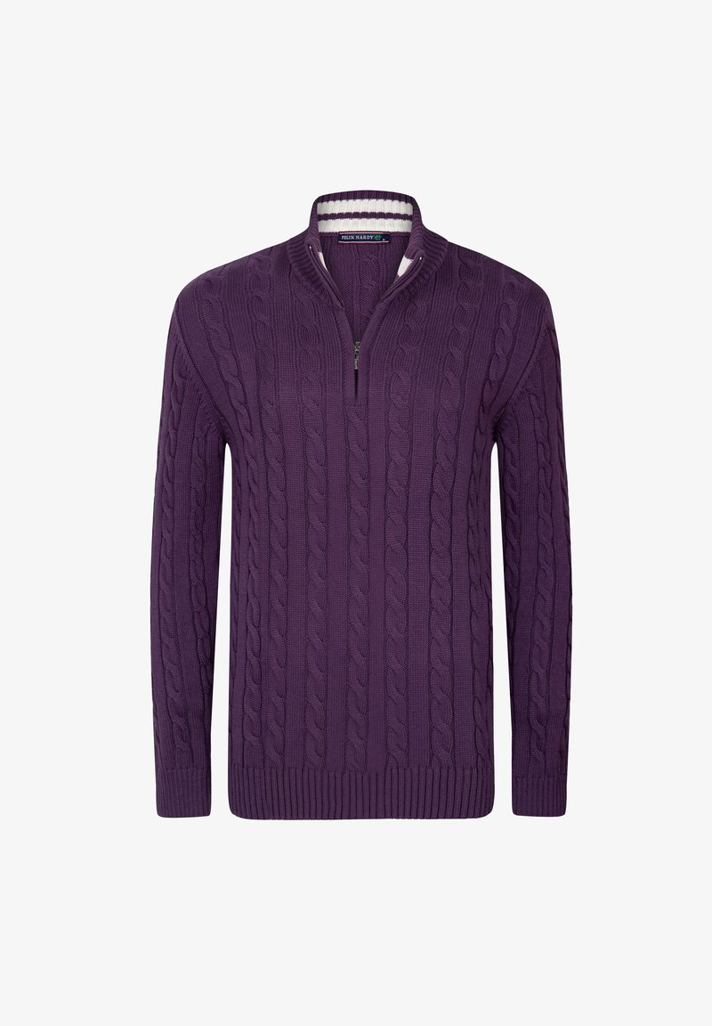 Pull en maille torsadée violet avec un col zippé à moitié. Poignets et ourlet côtelés, présentant un motif texturé pour plus de dimension.