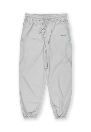 Jasnoszare, lekkie spodnie wykonane z syntetycznej tkaniny, z elastycznym pasem, sznurkiem ściągającym oraz okrągłymi ozdobami po bokach.