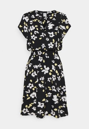 Schwarzes kurzärmeliges Kleid mit weißem und blassgelbem Blumenmuster, V-Ausschnitt und elastischem Taillenbund, midi-länge.