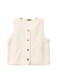 Cremfarbener ärmelloser Weste aus strukturiertem Stoff. Hat einen runden Halsausschnitt, drei Knöpfe auf der Vorderseite und zwei seitliche Taschen.