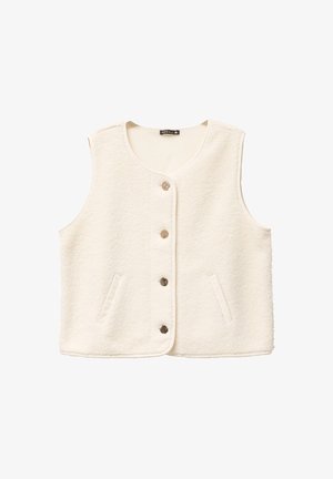 Cream-colored sleeveless vest made from textured fabric. Features a round neckline, three buttons down the front, and two side pockets.