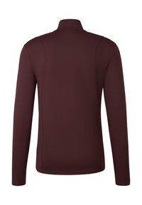 Langärmlige, kastanienrote Pulloverjacke mit hohem Kragen. Hergestellt aus glattem, elastischem Stoff. Mit Flachnähte für eine hohe Haltbarkeit.