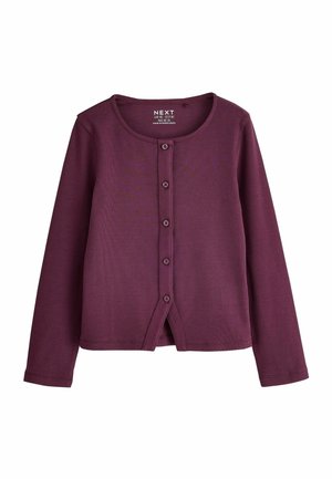 Long-sleeve ribbed purple cardigan with five front buttons and round neckline, laid flat on a white background.