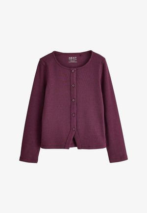 Long-sleeve ribbed purple cardigan with five front buttons and round neckline, laid flat on a white background.