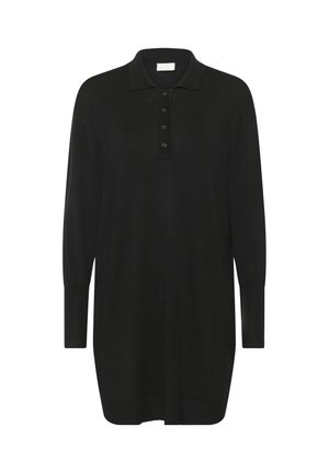 Zwart gebreid polokleed met kraag, lange mouwen, knoopsluiting en ribgebreide manchetten, met een rechte snit en een relaxte pasvorm.