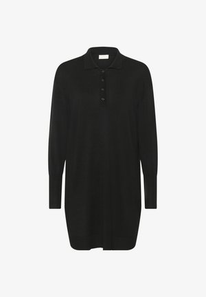 Black knitted polo dress with a collar, long sleeves, button placket, and ribbed cuffs, featuring a straight cut and a relaxed fit.