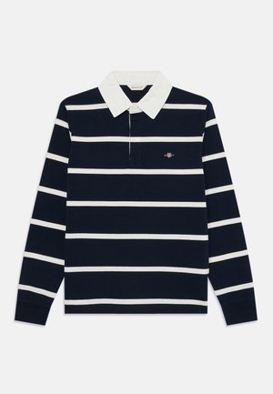 Marine langermet polo skjorte med hvite horisontale striper, med hvit krage og liten brodert logo på brystet.
