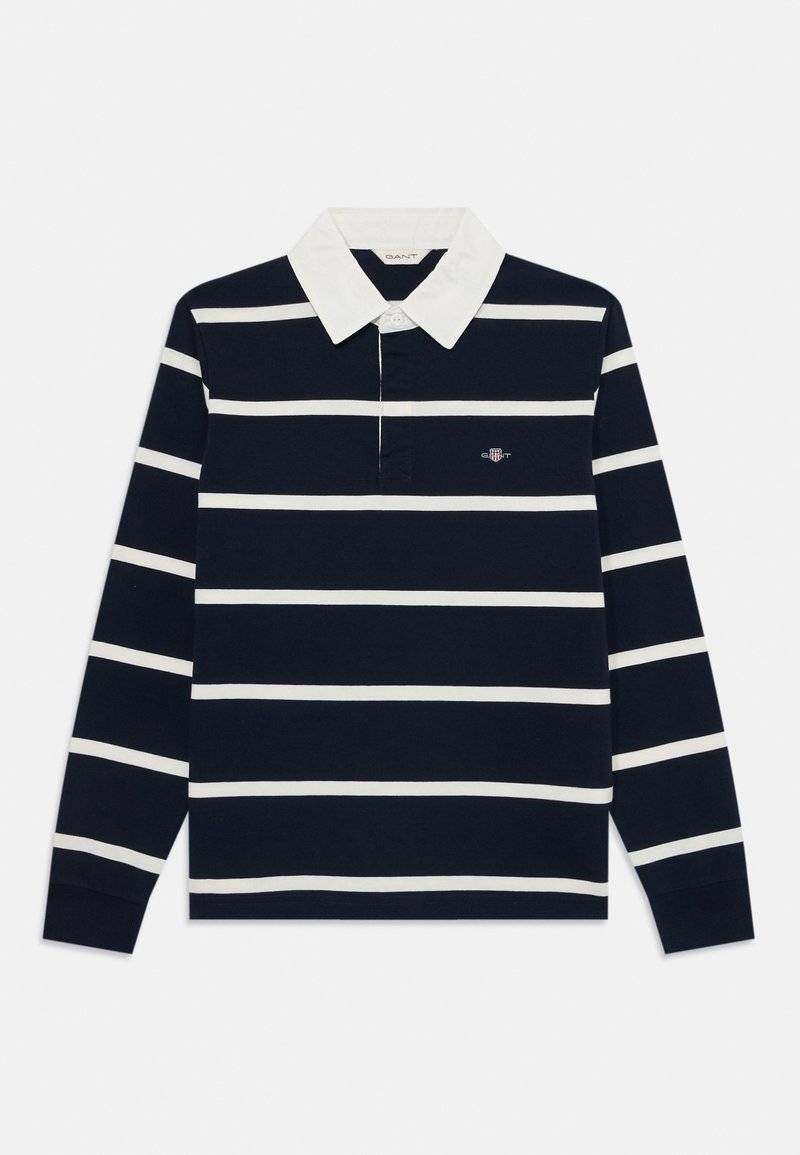 Marine langermet polo skjorte med hvite horisontale striper, med hvit krage og liten brodert logo på brystet.