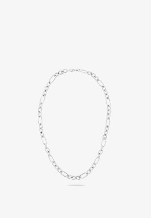 Collier en chaîne argentée avec des maillons allongés et ronds alternés, fermé par un fermoir mousqueton, présenté sur fond blanc.