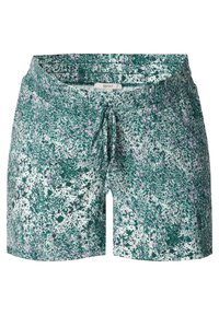 Korte zwemshorts met een elastische tailleband en trekkoord. Groene en witte abstracte spattenpatroon met hints van roze en zwarte accenten.