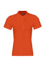 Orangefarbenes Poloshirt mit kurzen Ärmeln, vier Knöpfen und Kragen, dargestellt auf weißem Hintergrund.