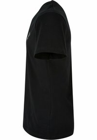 Black cotton short-sleeve T-shirt with a round neckline and straight cut. Features minimalistic embroidery on the chest area.