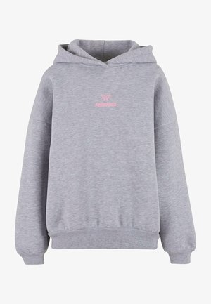 Huppari harmaa, pehmeästä kankaasta, rento istuvuus, pitkät hihat ja vaaleanpunainen logo rinnassa. Ribbattu hihansuussa ja helmassa.