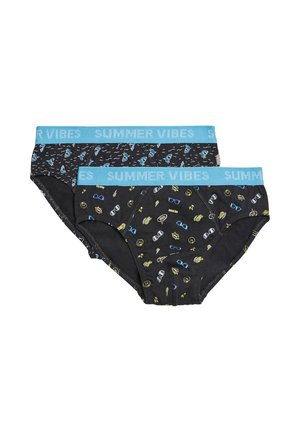 Dos pares de bragas de algodón negras con cinturillas elásticas azules etiquetadas como "SUMMER VIBES". Cada una tiene coloridos patrones con temáticas de verano.