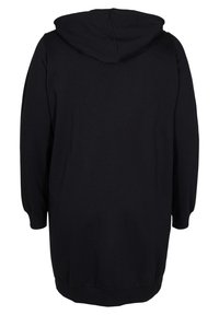 Sudadera negra con un ajuste relajado, mangas largas y capucha con cordón. Hecha de un tejido suave, cuenta con un dobladillo recto y puños acanalados.