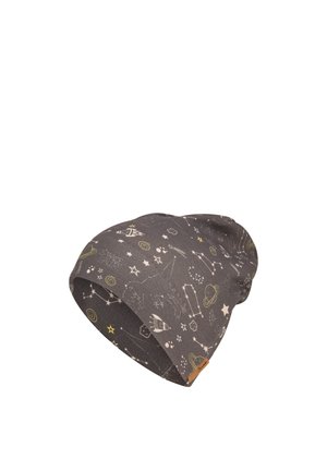 Gray slouchy beanie with a pattern of stars, constellations, planets, and rockets in white and yellow tones.