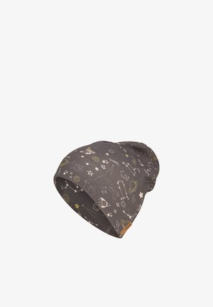 Gray slouchy beanie with a pattern of stars, constellations, planets, and rockets in white and yellow tones.