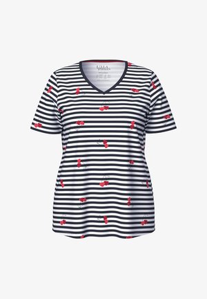 Top de cuello en V de manga corta, con rayas marinas y blancas y patrones de cerezas rojas. Hecho de una tela suave y ligera.