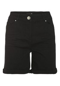 Shorts in denim nero con vita standard, risvoltini e tasche anteriori, dotati di chiusura con bottoni in metallo argentato.