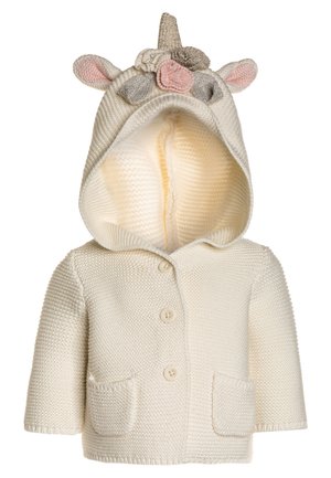 Cardigan en maille crème pour bébé avec fermeture à boutons, deux poches et capuche ornée d'une corne de licorne, d'oreilles, d'yeux fermés et d'une fleur rose.
