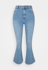 Ljusblå högmidjade jeans med utsvängda ben, tillverkade av denimtyg. Har en standard midja och en framknappstängning.