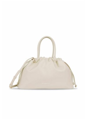Cream-colored synthetic handbag with a gathered top, dual handles, and a detachable shoulder strap. Subtle logo at the front.